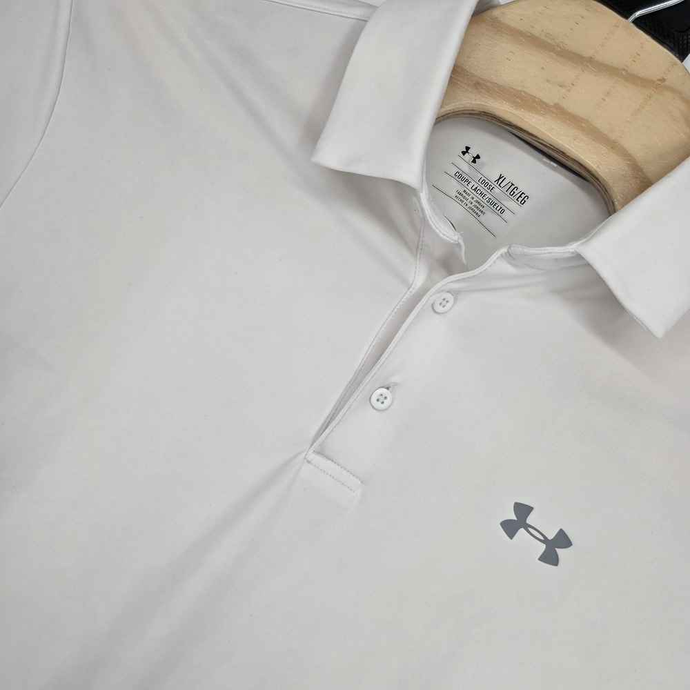 Under Armour Shirt Men's XL Loose Golf Polo Long Sleeve UA White Gray Collared